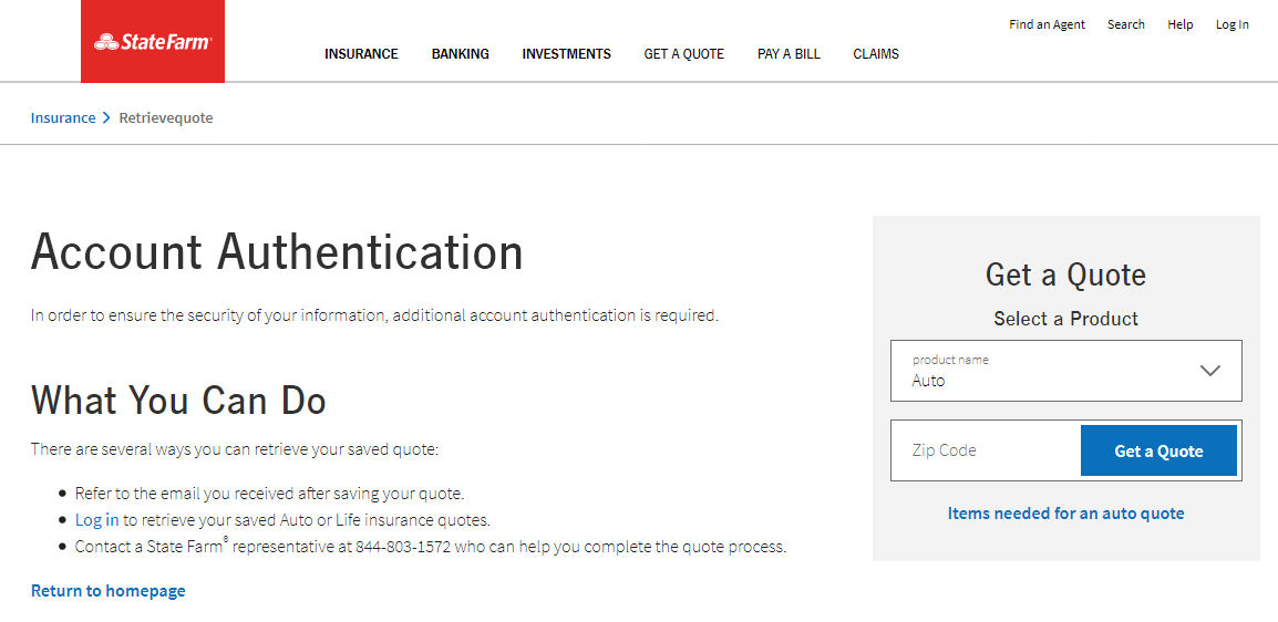 State Farm Account Authorization Screen